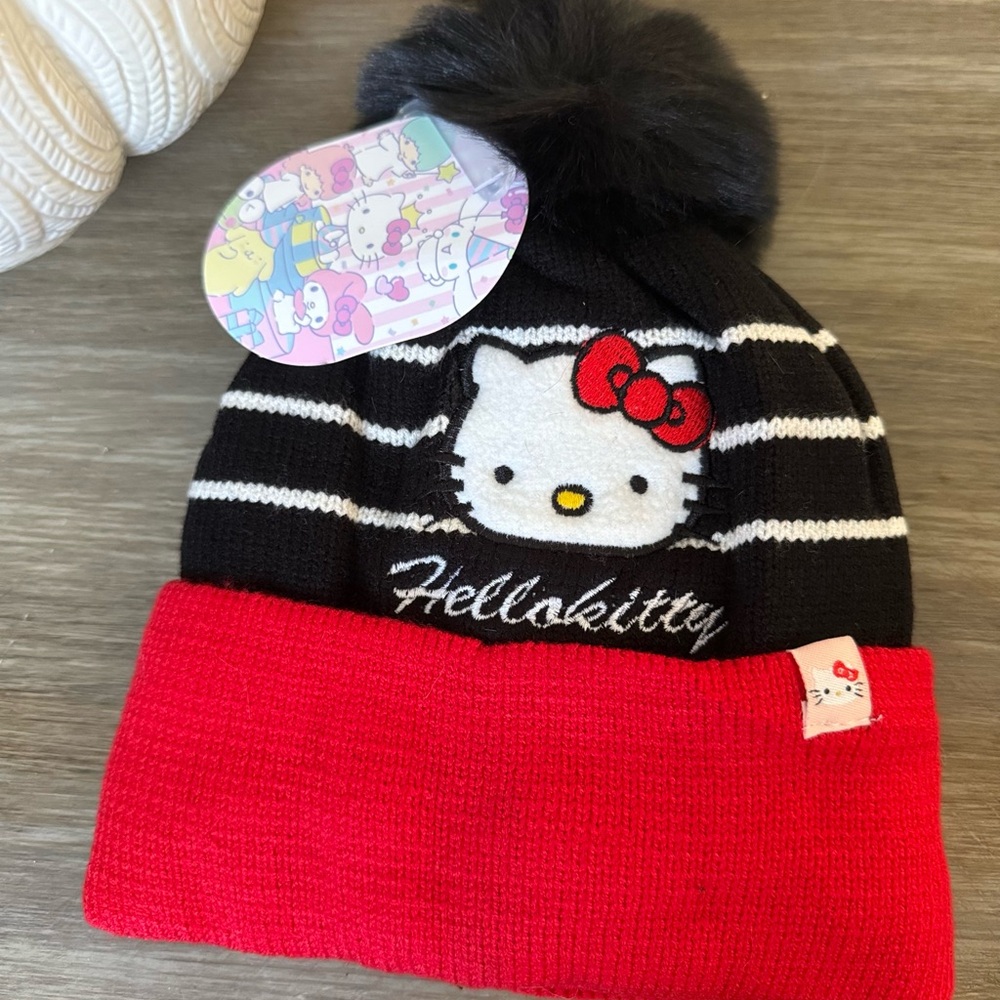 Hello Kitty Striped Black and Red Pom-Pom Beanie